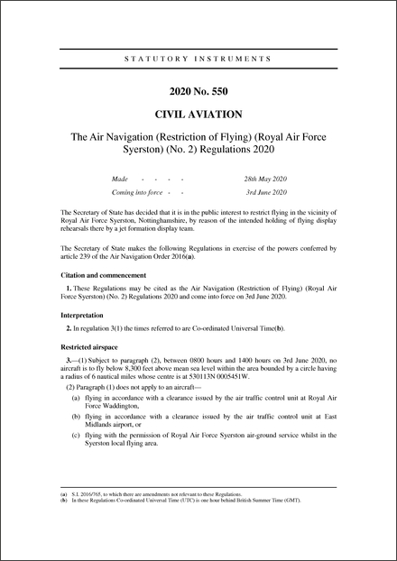 The Air Navigation (Restriction of Flying) (Royal Air Force Syerston) (No. 2) Regulations 2020