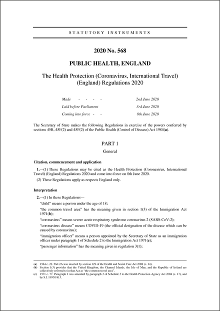 The Health Protection (Coronavirus, International Travel) (England) Regulations 2020
