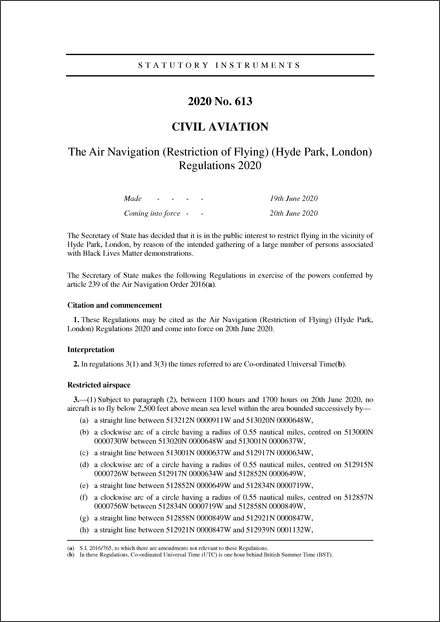The Air Navigation (Restriction of Flying) (Hyde Park, London) Regulations 2020
