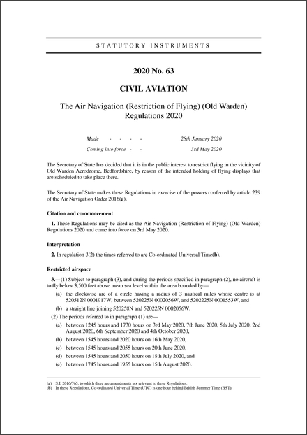 The Air Navigation (Restriction of Flying) (Old Warden) Regulations 2020