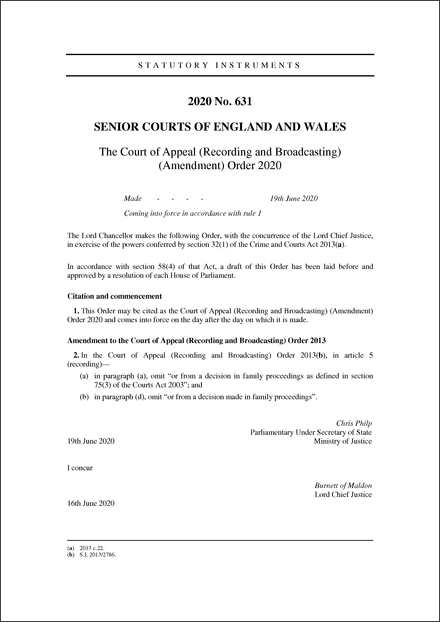 The Court of Appeal (Recording and Broadcasting) (Amendment) Order 2020