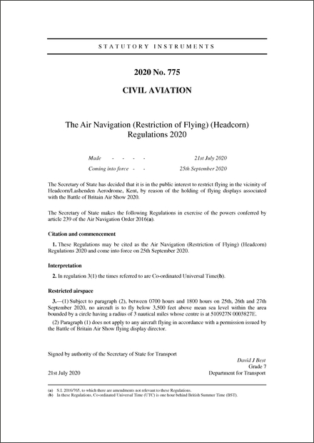 The Air Navigation (Restriction of Flying) (Headcorn) Regulations 2020