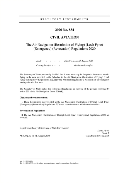 The Air Navigation (Restriction of Flying) (Loch Fyne) (Emergency) (Revocation) Regulations 2020