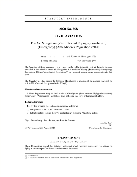 The Air Navigation (Restriction of Flying) (Stonehaven) (Emergency) (Amendment) Regulations 2020
