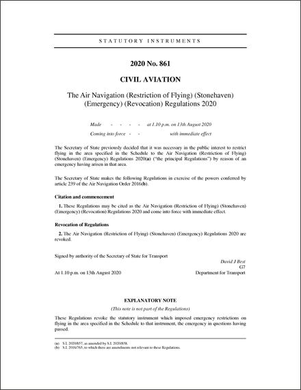 The Air Navigation (Restriction of Flying) (Stonehaven) (Emergency) (Revocation) Regulations 2020