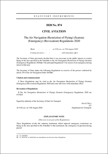 The Air Navigation (Restriction of Flying) (Scatsta) (Emergency) (Revocation) Regulations 2020