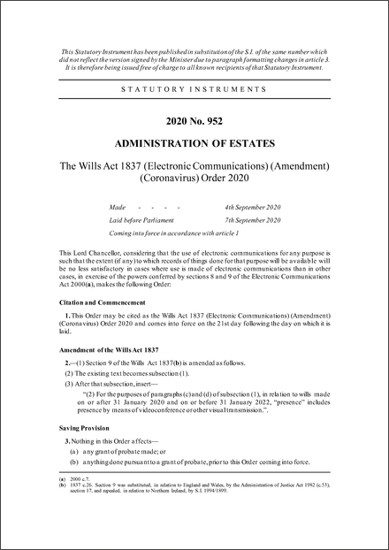 The Wills Act 1837 (Electronic Communications) (Amendment) (Coronavirus) Order 2020