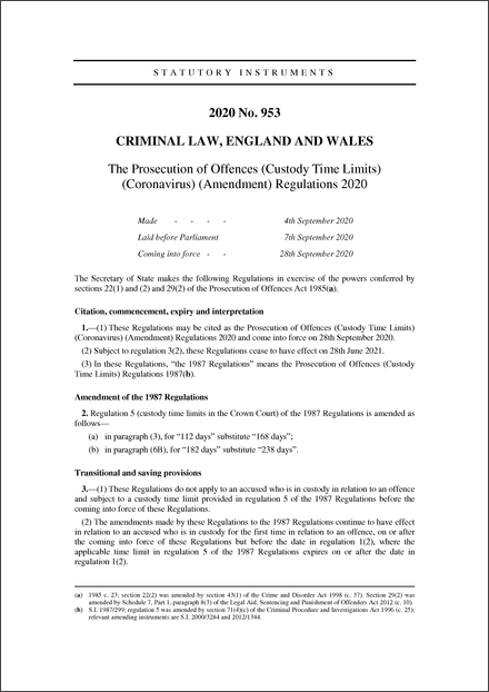 The Prosecution of Offences (Custody Time Limits) (Coronavirus) (Amendment) Regulations 2020