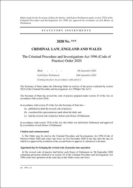 The Criminal Procedure and Investigations Act 1996 (Code of Practice) Order 2020