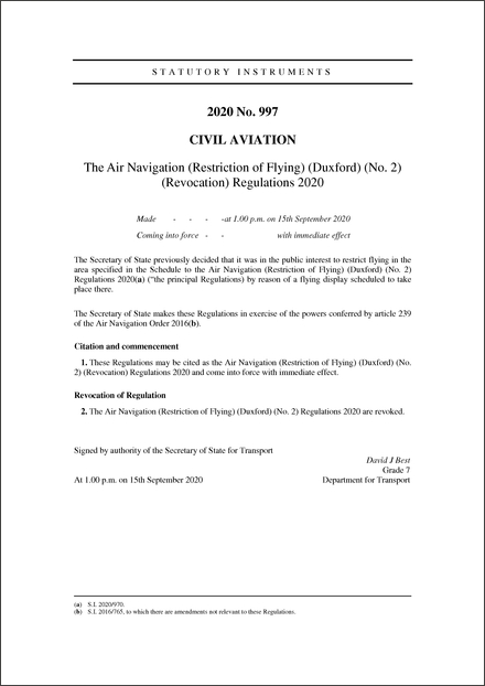 The Air Navigation (Restriction of Flying) (Duxford) (No. 2) (Revocation) Regulations 2020