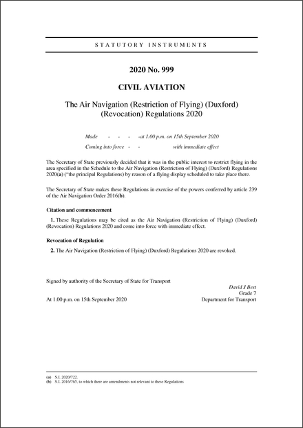 The Air Navigation (Restriction of Flying) (Duxford) (Revocation) Regulations 2020