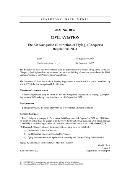 The Air Navigation (Restriction of Flying) (Chequers) Regulations 2021