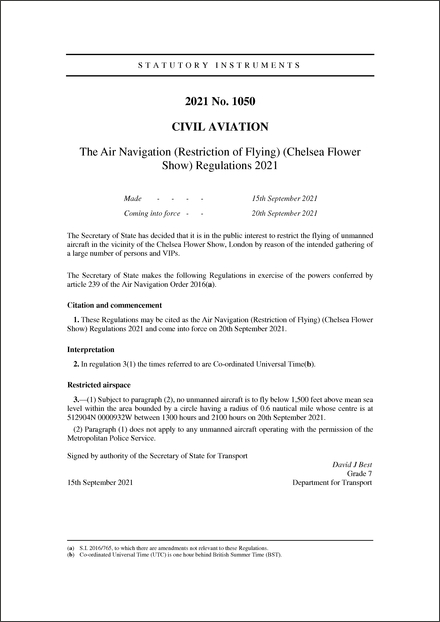 The Air Navigation (Restriction of Flying) (Chelsea Flower Show) Regulations 2021