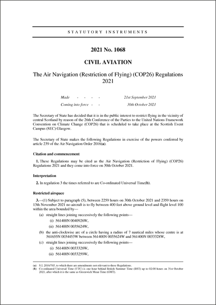 The Air Navigation (Restriction of Flying) (COP26) Regulations 2021