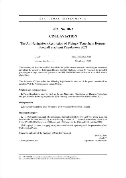 The Air Navigation (Restriction of Flying) (Tottenham Hotspur Football Stadium) Regulations 2021