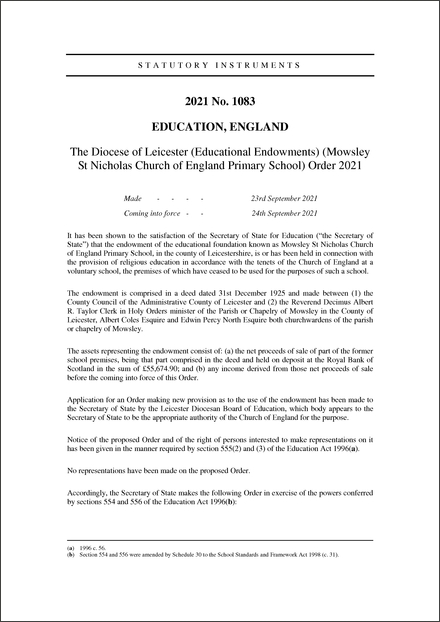 The Diocese of Leicester (Educational Endowments) (Mowsley St Nicholas Church of England Primary School) Order 2021