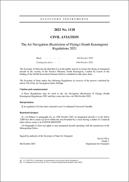 The Air Navigation (Restriction of Flying) (South Kensington) Regulations 2021