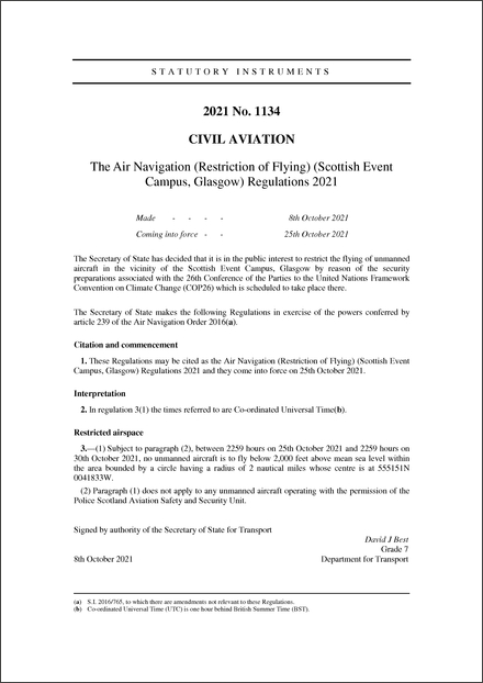 The Air Navigation (Restriction of Flying) (Scottish Event Campus, Glasgow) Regulations 2021