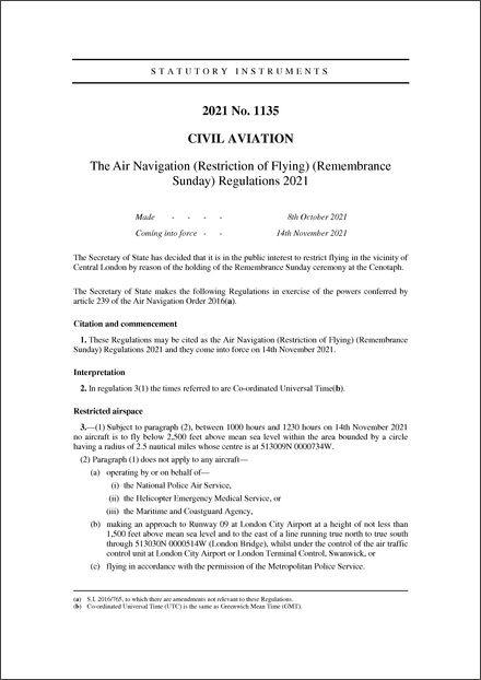 The Air Navigation (Restriction of Flying) (Remembrance Sunday) Regulations 2021