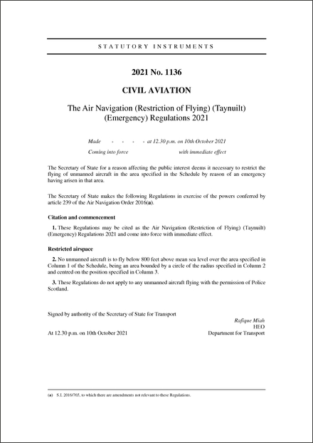 The Air Navigation (Restriction of Flying) (Taynuilt) (Emergency) Regulations 2021