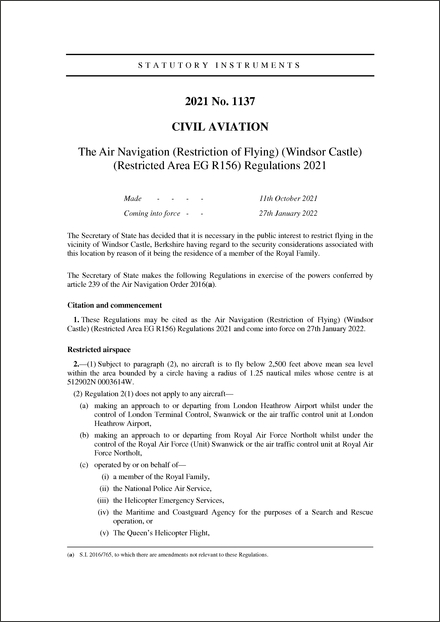 The Air Navigation (Restriction of Flying) (Windsor Castle) (Restricted Area EG R156) Regulations 2021