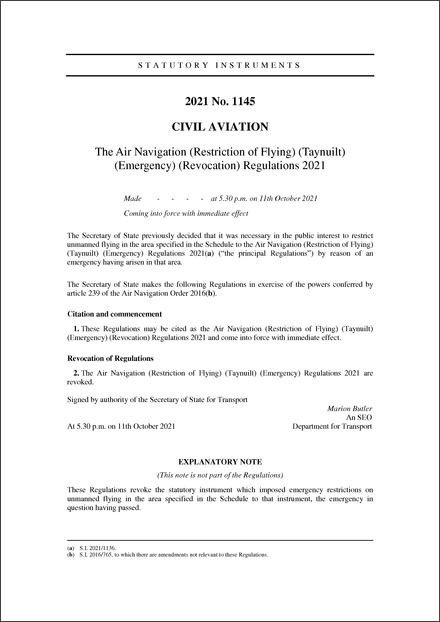 The Air Navigation (Restriction of Flying) (Taynuilt) (Emergency) (Revocation) Regulations 2021