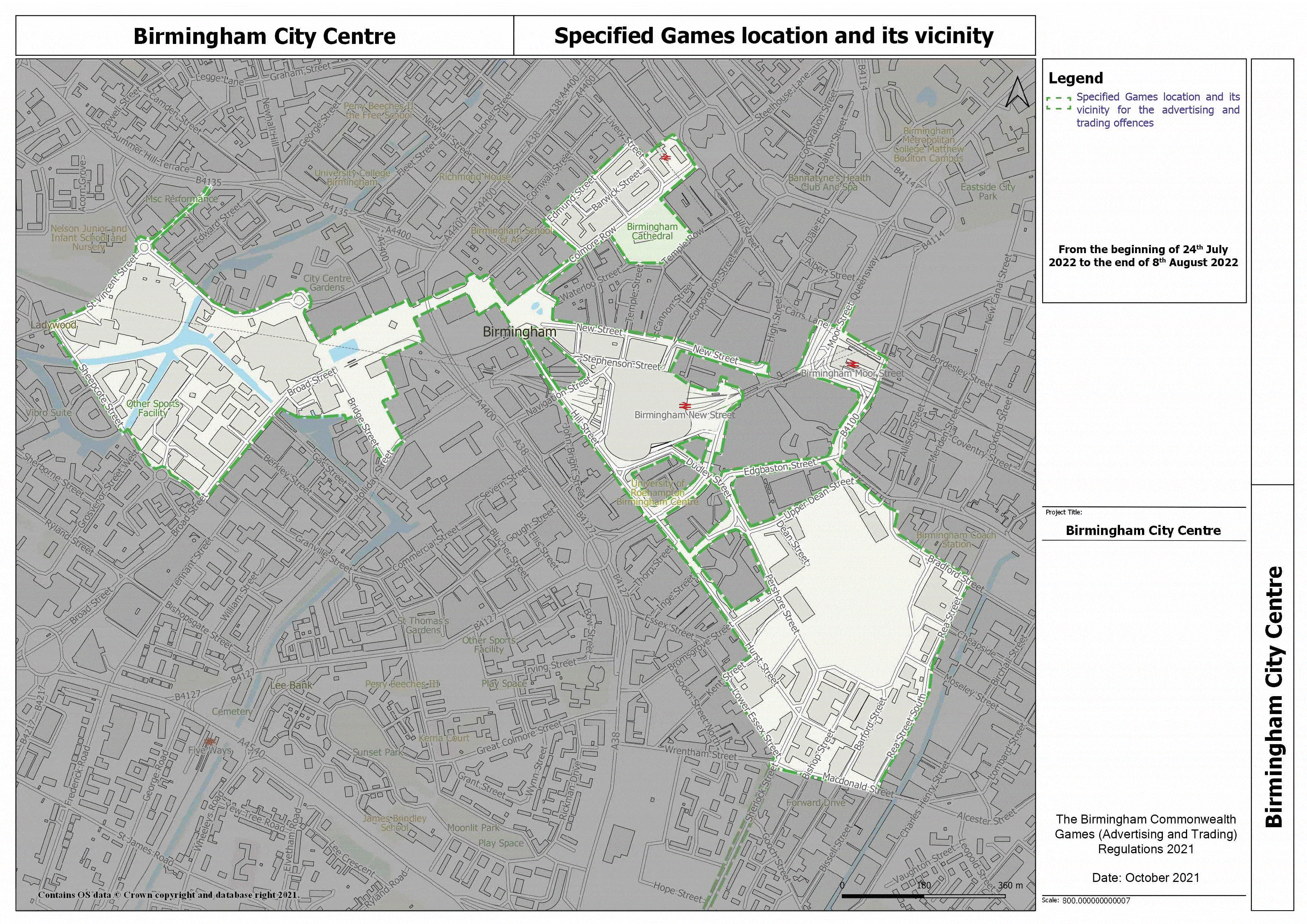 Map titled "Birmingham City Centre". One of the relevant maps for the purposes of the Birmingham Commonwealth Games (Advertising and Trading) Regulations 2021.
