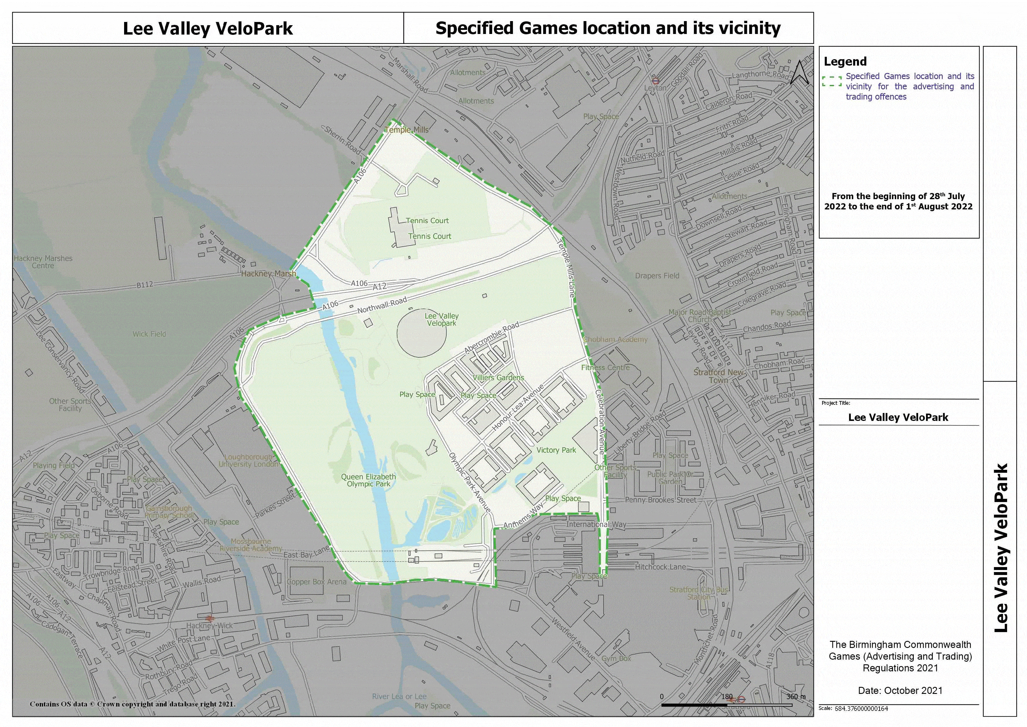 Map titled "Lee Valley VeloPark". One of the relevant maps for the purposes of the Birmingham Commonwealth Games (Advertising and Trading) Regulations 2021.
