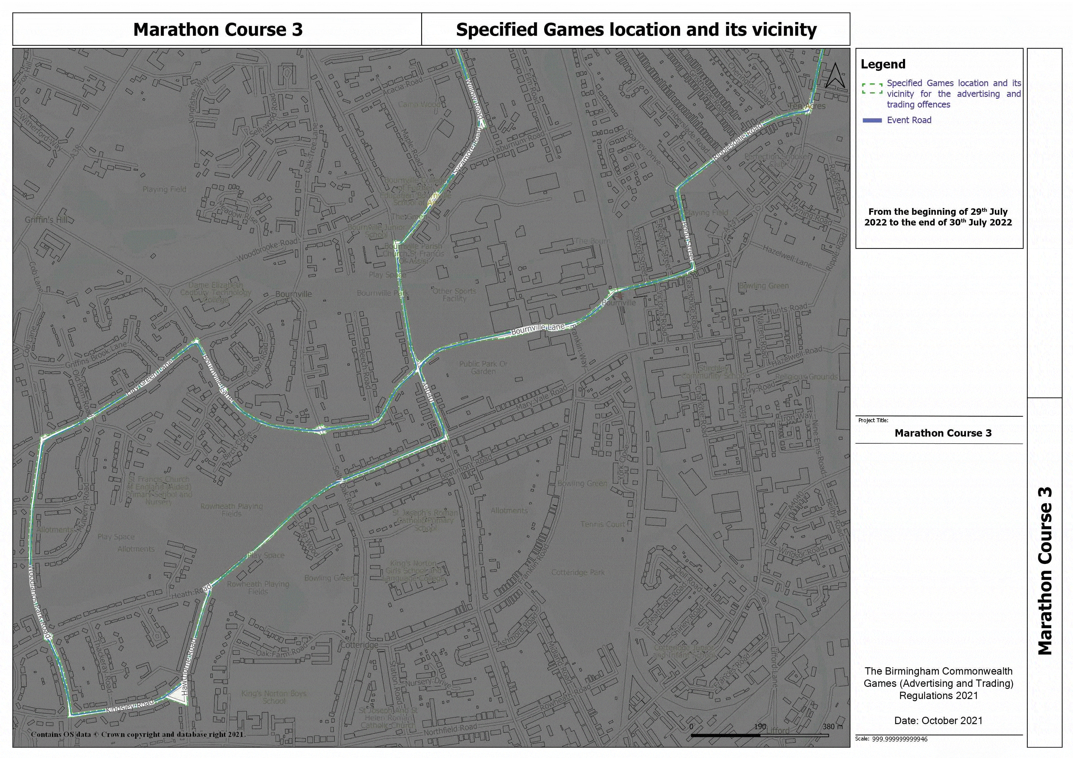 Map titled "Marathon Course 3". One of the relevant maps for the purposes of the Birmingham Commonwealth Games (Advertising and Trading) Regulations 2021.