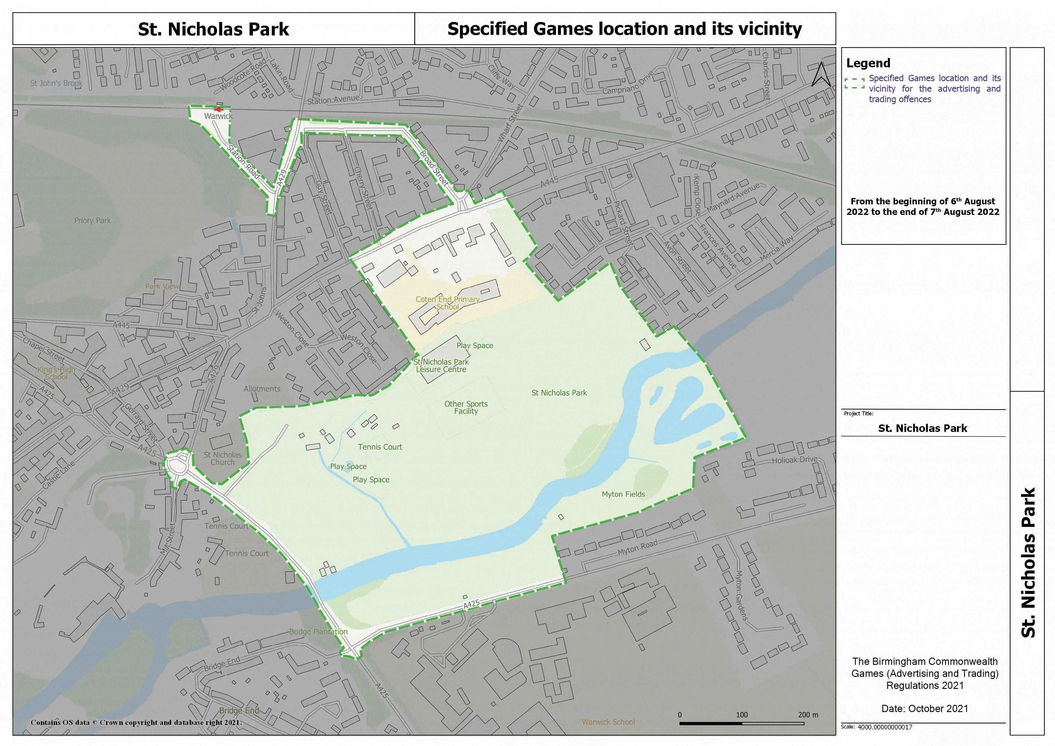 Map titled "St. Nicholas Park". One of the relevant maps for the purposes of the Birmingham Commonwealth Games (Advertising and Trading) Regulations 2021.
