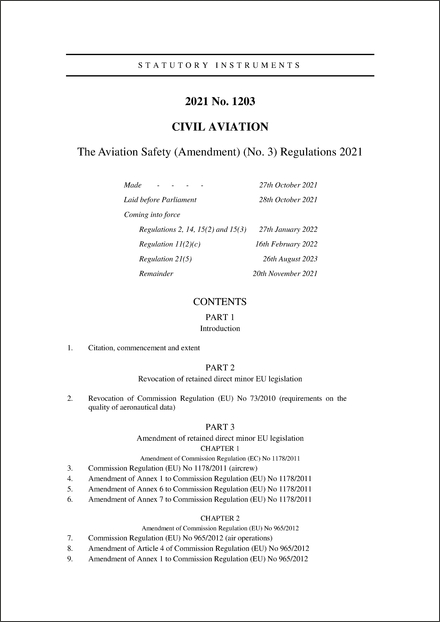 The Aviation Safety (Amendment) (No. 3) Regulations 2021