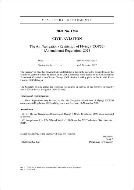 The Air Navigation (Restriction of Flying) (COP26) (Amendment) Regulations 2021