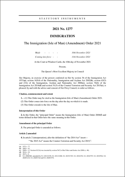The Immigration (Isle of Man) (Amendment) Order 2021