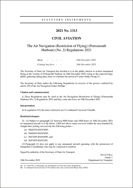 The Air Navigation (Restriction of Flying) (Portsmouth Harbour) (No. 2) Regulations 2021