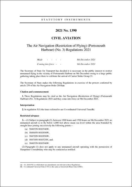 The Air Navigation (Restriction of Flying) (Portsmouth Harbour) (No. 3) Regulations 2021