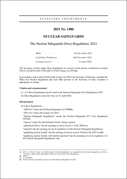 The Nuclear Safeguards (Fees) Regulations 2021