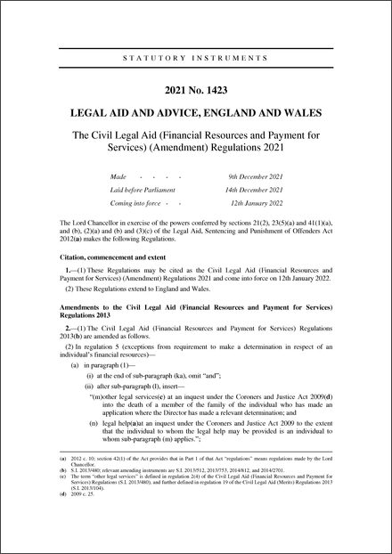 The Civil Legal Aid (Financial Resources and Payment for Services) (Amendment) Regulations 2021