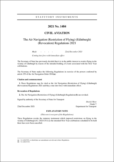 The Air Navigation (Restriction of Flying) (Edinburgh) (Revocation) Regulations 2021