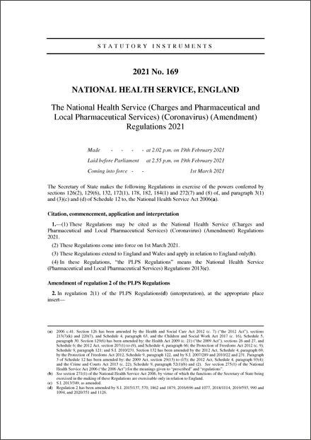The National Health Service (Charges and Pharmaceutical and Local Pharmaceutical Services) (Coronavirus) (Amendment) Regulations 2021