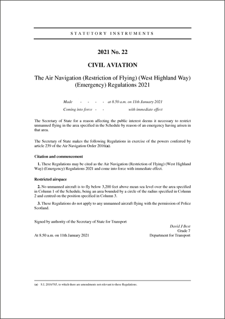The Air Navigation (Restriction of Flying) (West Highland Way) (Emergency) Regulations 2021