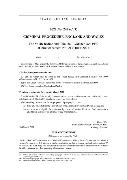 The Youth Justice and Criminal Evidence Act 1999 (Commencement No. 21) Order 2021
