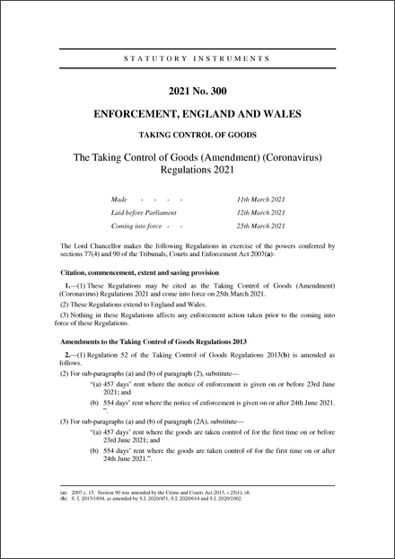 The Taking Control of Goods (Amendment) (Coronavirus) Regulations 2021
