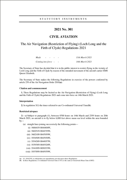 The Air Navigation (Restriction of Flying) (Loch Long and the Firth of Clyde) Regulations 2021