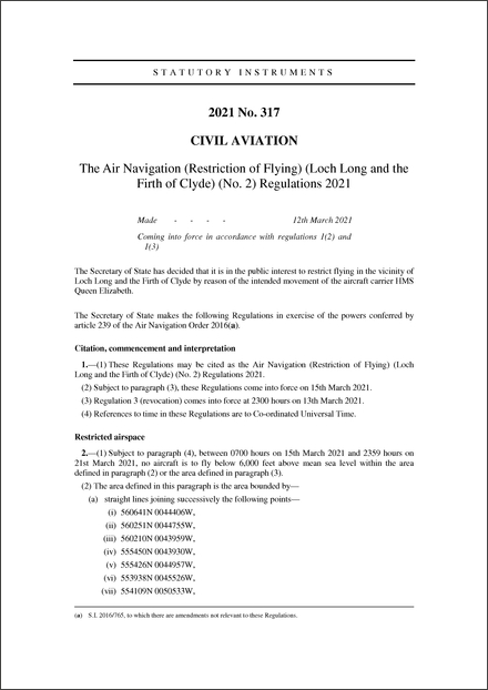 The Air Navigation (Restriction of Flying) (Loch Long and the Firth of Clyde) (No. 2) Regulations 2021