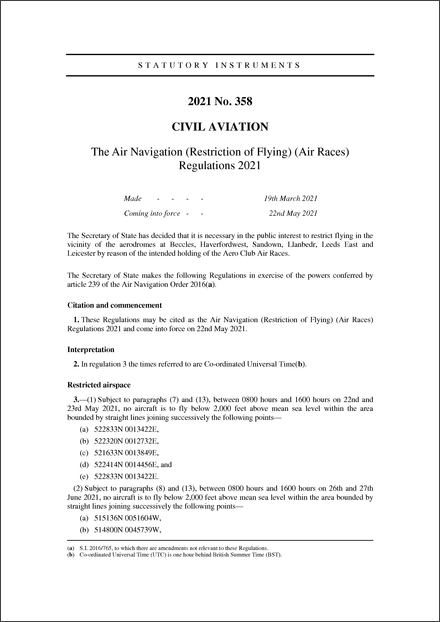 The Air Navigation (Restriction of Flying) (Air Races) Regulations 2021