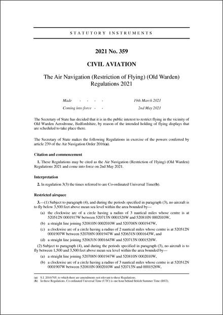 The Air Navigation (Restriction of Flying) (Old Warden) Regulations 2021