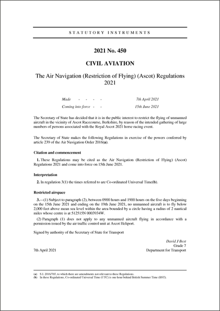 The Air Navigation (Restriction of Flying) (Ascot) Regulations 2021