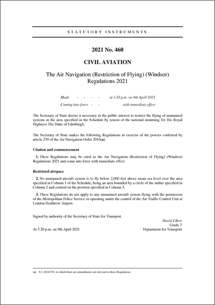 The Air Navigation (Restriction of Flying) (Windsor) Regulations 2021