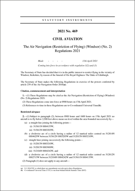 The Air Navigation (Restriction of Flying) (Windsor) (No. 2) Regulations 2021