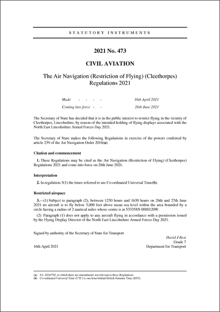 The Air Navigation (Restriction of Flying) (Cleethorpes) Regulations 2021